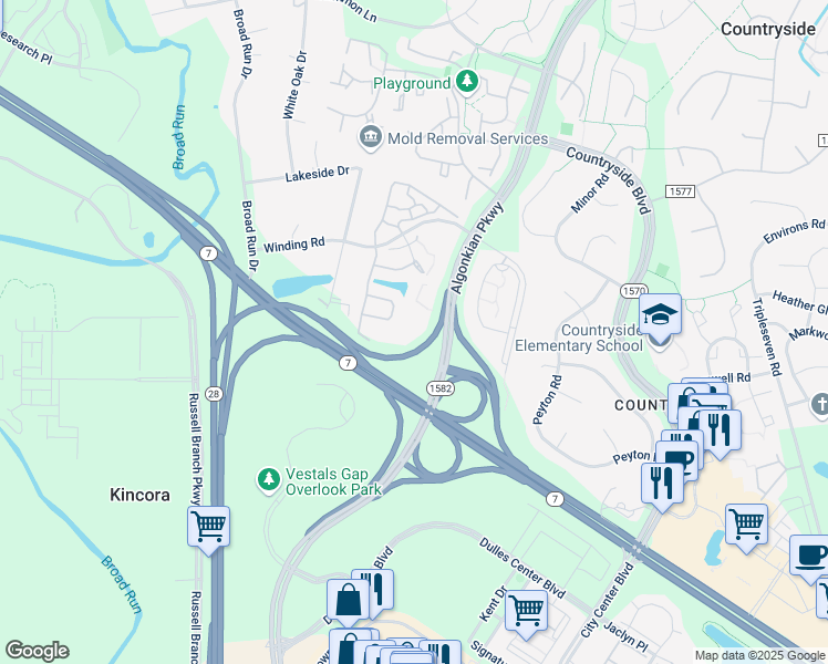 map of restaurants, bars, coffee shops, grocery stores, and more near 20677 Glenbrook Terrace in Sterling