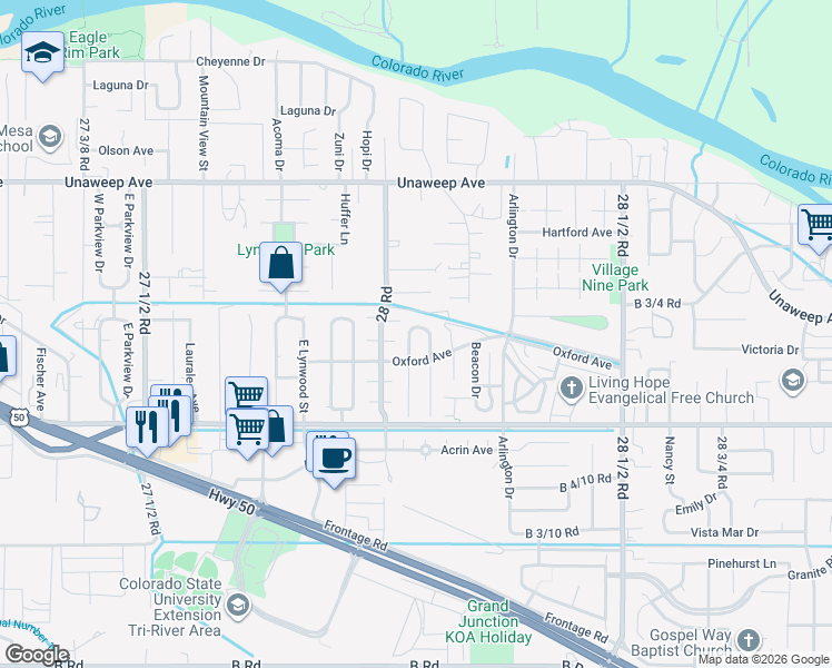 map of restaurants, bars, coffee shops, grocery stores, and more near 274 West Danbury Circle in Grand Junction
