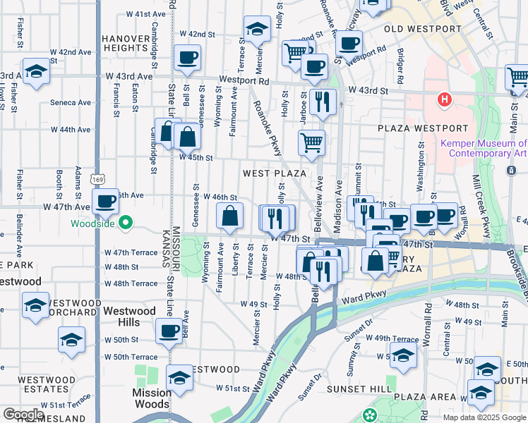 map of restaurants, bars, coffee shops, grocery stores, and more near 4614 Mercier Street in Kansas City