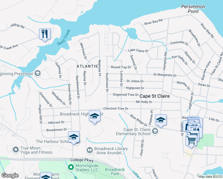 map of restaurants, bars, coffee shops, grocery stores, and more near 953 Highpoint Drive in Annapolis