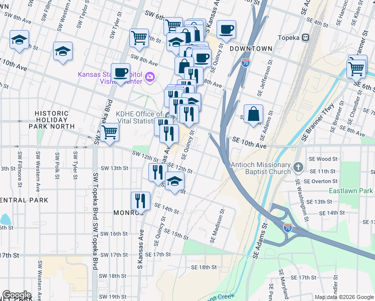map of restaurants, bars, coffee shops, grocery stores, and more near 211 Southeast 11th Street in Topeka