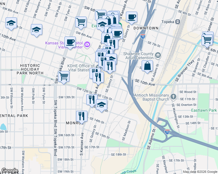 map of restaurants, bars, coffee shops, grocery stores, and more near 211 Southeast 11th Street in Topeka