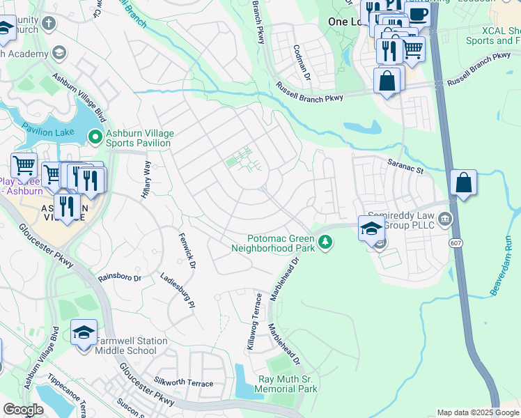 map of restaurants, bars, coffee shops, grocery stores, and more near 20659 Golden Ridge Drive in Ashburn
