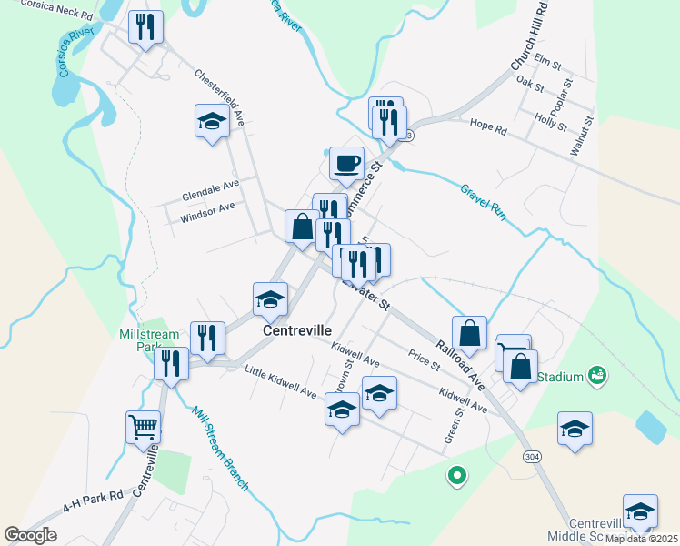 map of restaurants, bars, coffee shops, grocery stores, and more near 125 Ruthsburg Road in Centreville