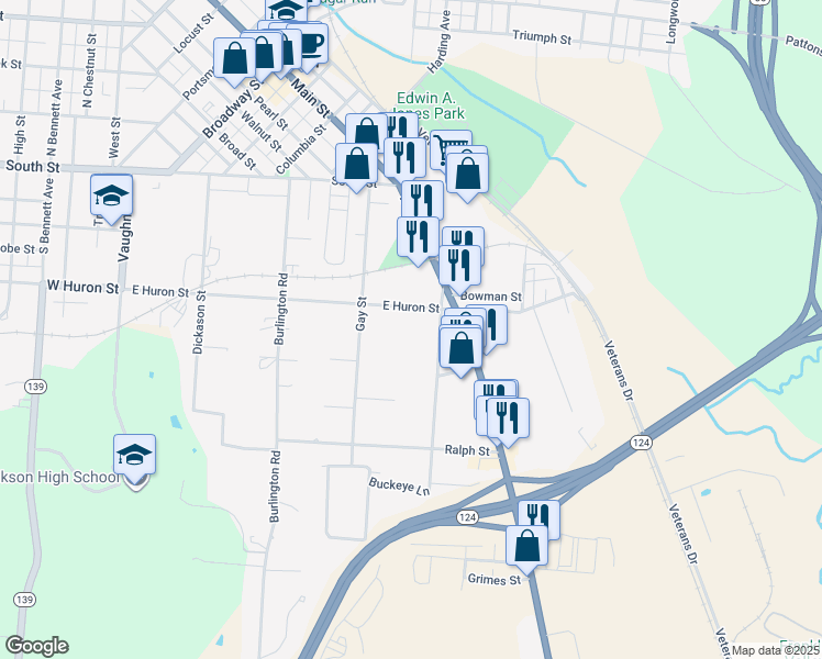 map of restaurants, bars, coffee shops, grocery stores, and more near 393 East Huron Street in Jackson