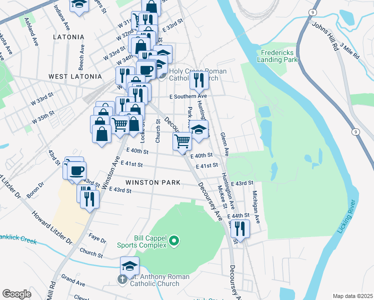map of restaurants, bars, coffee shops, grocery stores, and more near 3938 Decoursey Avenue in Covington