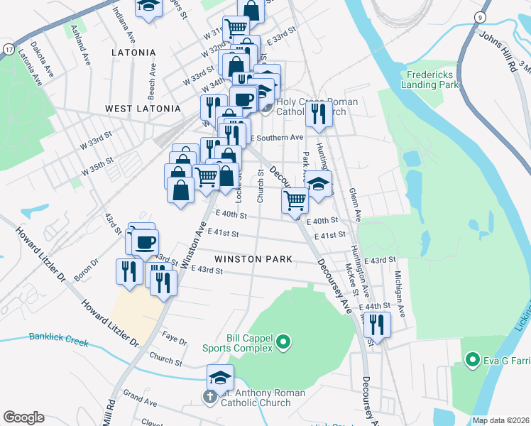 map of restaurants, bars, coffee shops, grocery stores, and more near 117 East 40th Street in Covington