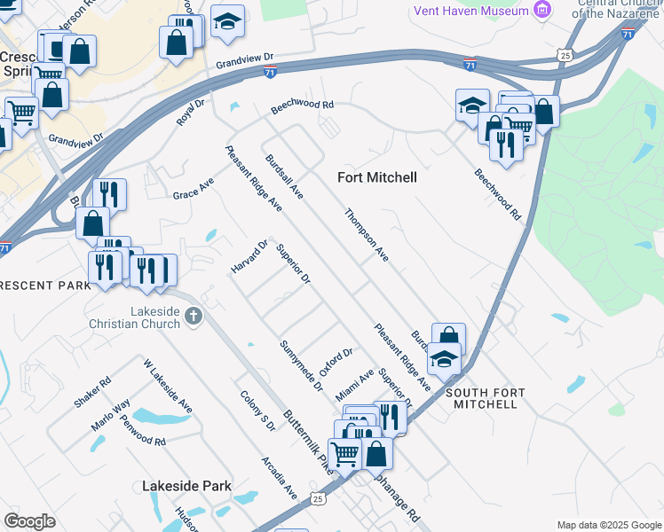 map of restaurants, bars, coffee shops, grocery stores, and more near 77 Pleasant Ridge Avenue in Fort Mitchell