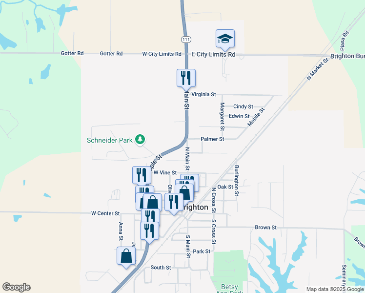 map of restaurants, bars, coffee shops, grocery stores, and more near 501 North Main Street in Brighton