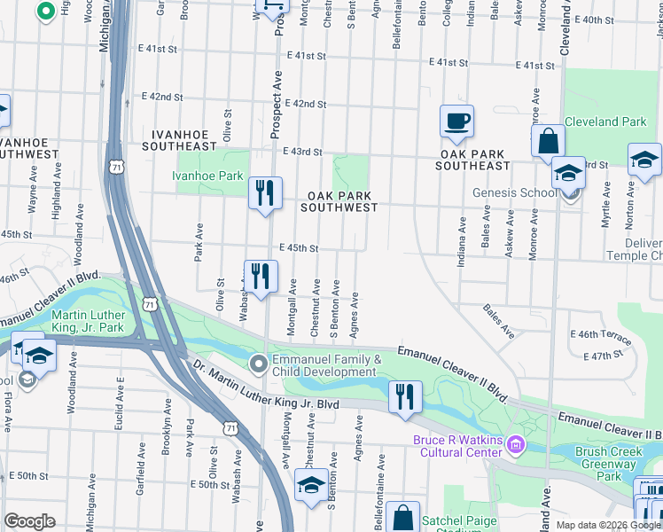 map of restaurants, bars, coffee shops, grocery stores, and more near 4526 South Benton Avenue in Kansas City