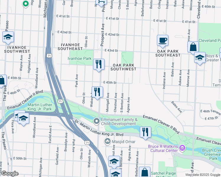 map of restaurants, bars, coffee shops, grocery stores, and more near 4530 Chestnut Avenue in Kansas City