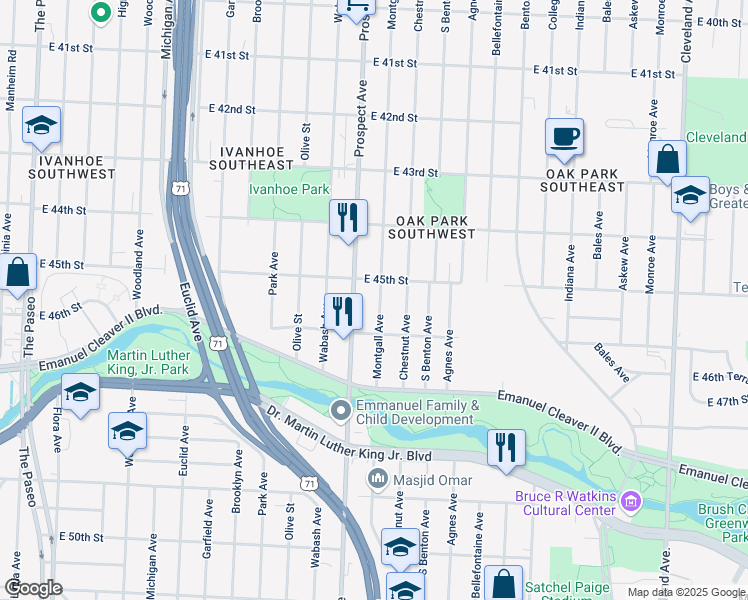 map of restaurants, bars, coffee shops, grocery stores, and more near 4533 Prospect Avenue in Kansas City