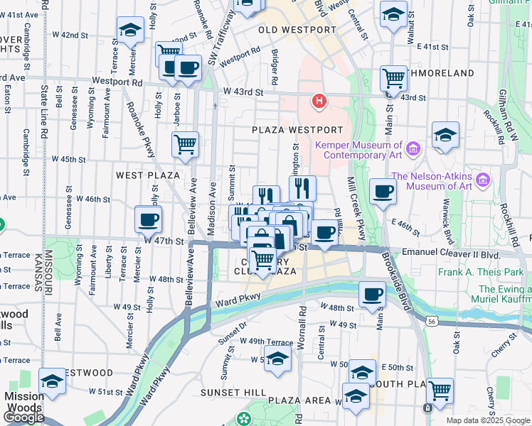 map of restaurants, bars, coffee shops, grocery stores, and more near 4616 Jefferson Street in Kansas City