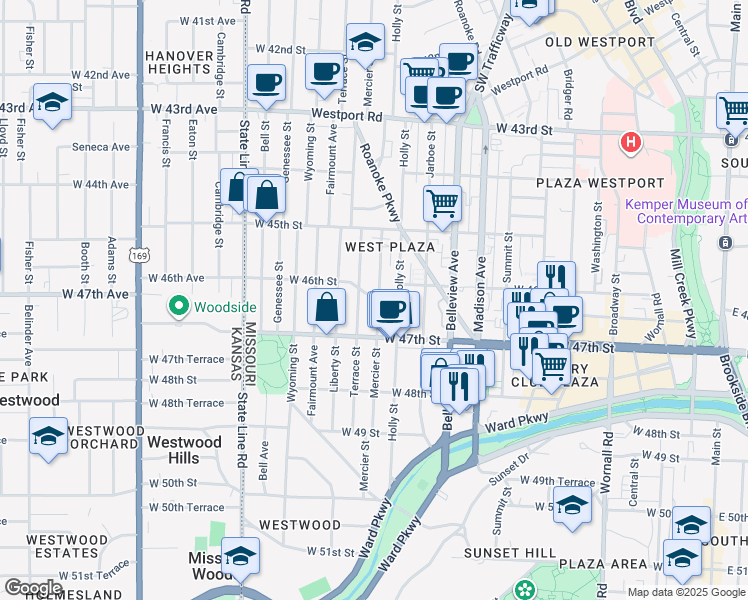 map of restaurants, bars, coffee shops, grocery stores, and more near 4614 Mercier Street in Kansas City