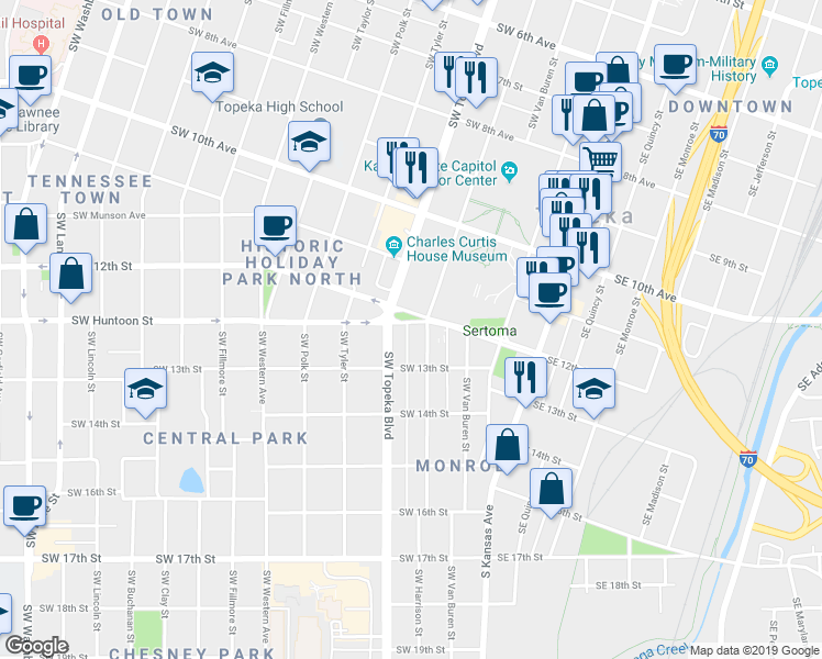 map of restaurants, bars, coffee shops, grocery stores, and more near 403 Southwest Huntoon Street in Topeka