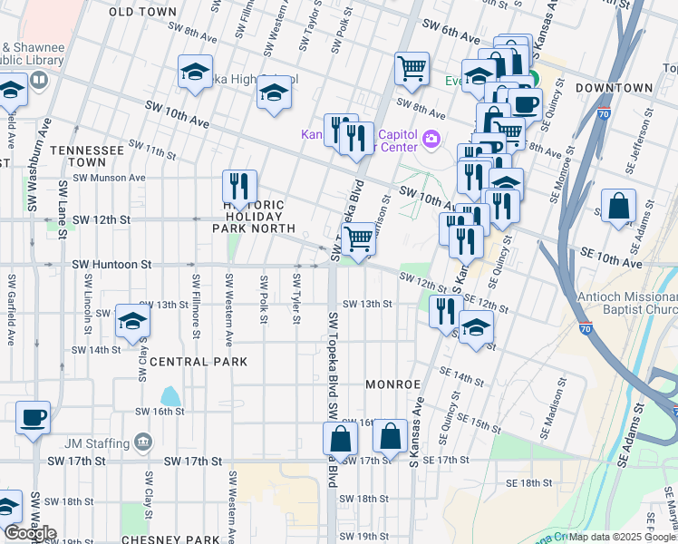 map of restaurants, bars, coffee shops, grocery stores, and more near 403 Southwest Huntoon Street in Topeka