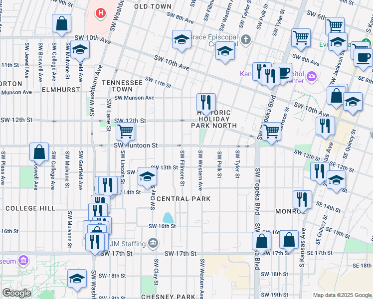 map of restaurants, bars, coffee shops, grocery stores, and more near 1257 Southwest Fillmore Street in Topeka