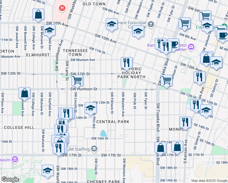 map of restaurants, bars, coffee shops, grocery stores, and more near 1257 Southwest Fillmore Street in Topeka