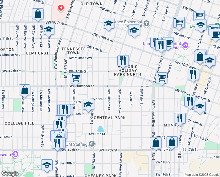 map of restaurants, bars, coffee shops, grocery stores, and more near 1257 Southwest Fillmore Street in Topeka