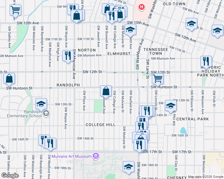 map of restaurants, bars, coffee shops, grocery stores, and more near 1260 Southwest College Avenue in Topeka