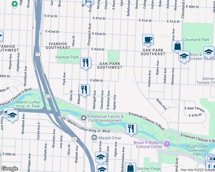 map of restaurants, bars, coffee shops, grocery stores, and more near 4526 South Benton Avenue in Kansas City