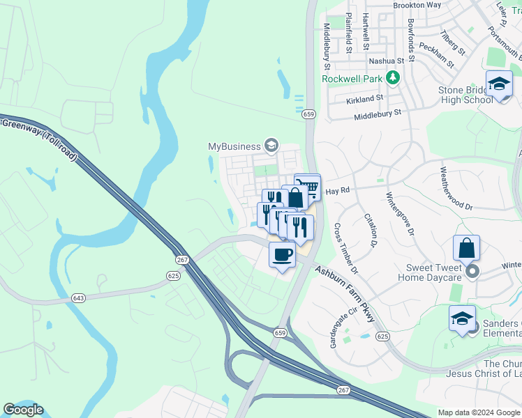 map of restaurants, bars, coffee shops, grocery stores, and more near 42695 Wardlaw Terrace in Ashburn