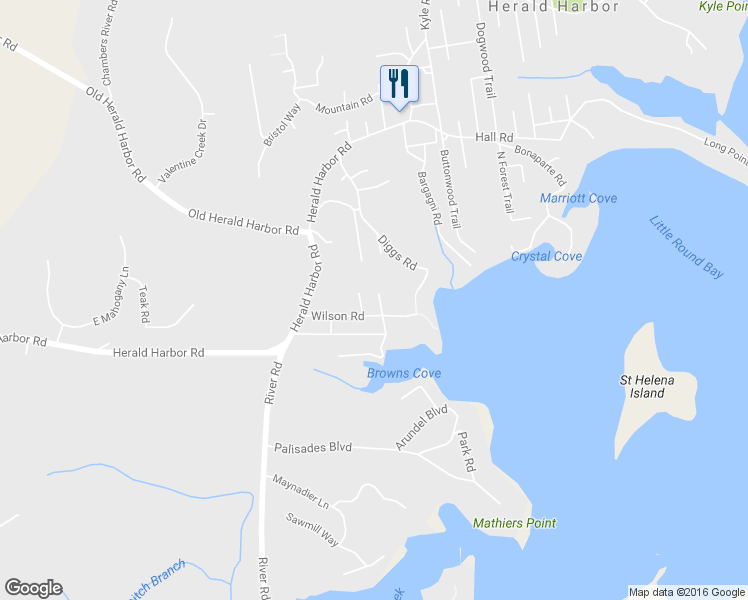 map of restaurants, bars, coffee shops, grocery stores, and more near 530 Wilson Road in Crownsville