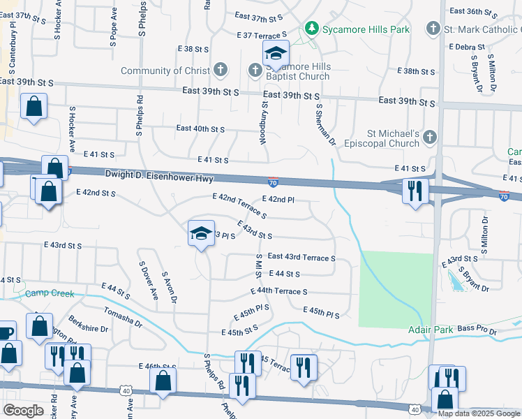 map of restaurants, bars, coffee shops, grocery stores, and more near 15415 East 42nd Terrace South in Independence