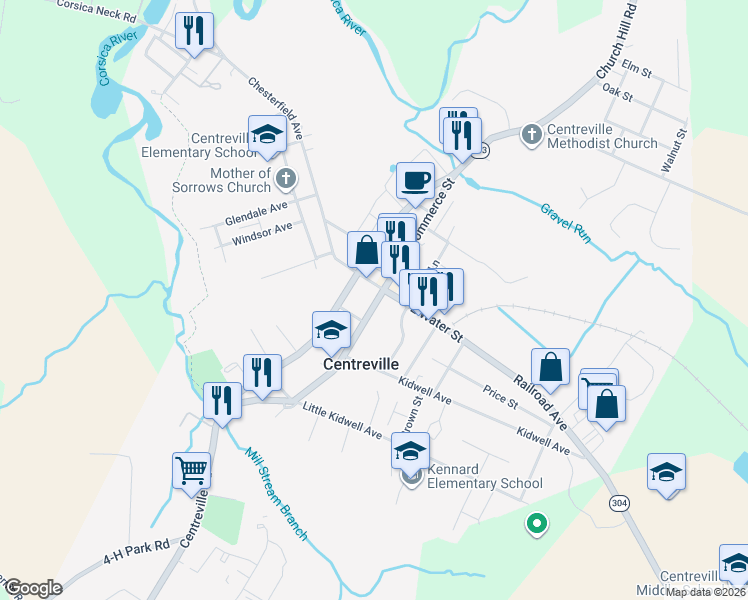 map of restaurants, bars, coffee shops, grocery stores, and more near 112 South Commerce Street in Centreville