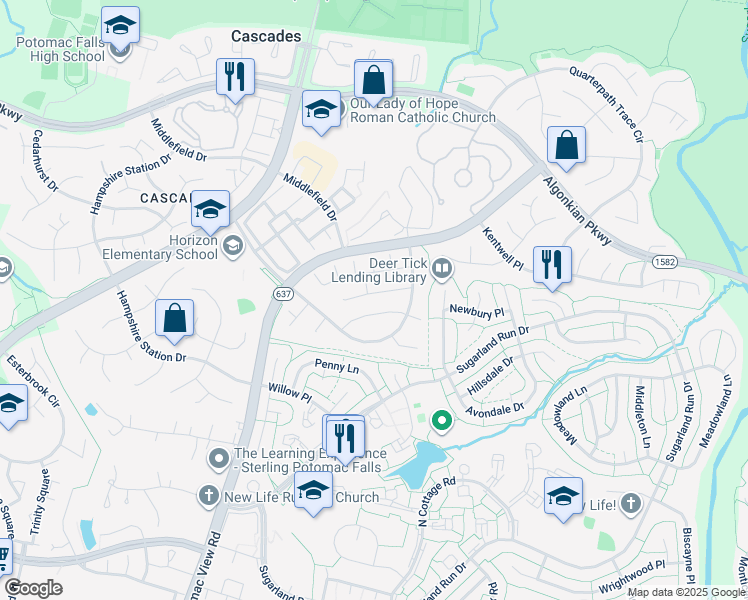 map of restaurants, bars, coffee shops, grocery stores, and more near 46813 Trailwood Place in Sterling
