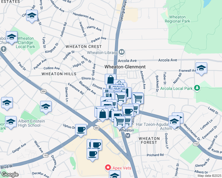 map of restaurants, bars, coffee shops, grocery stores, and more near 11510 Georgia Avenue in Silver Spring