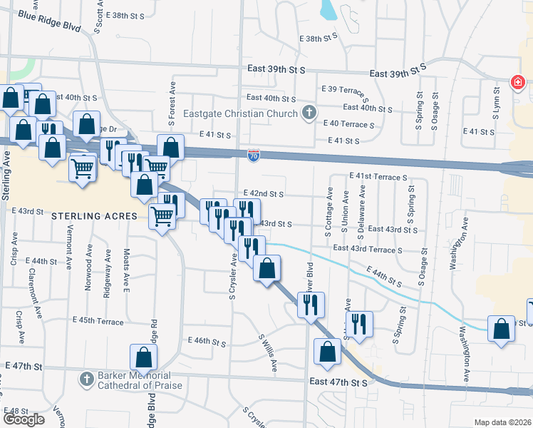 map of restaurants, bars, coffee shops, grocery stores, and more near 12310 East 43rd Street South in Independence