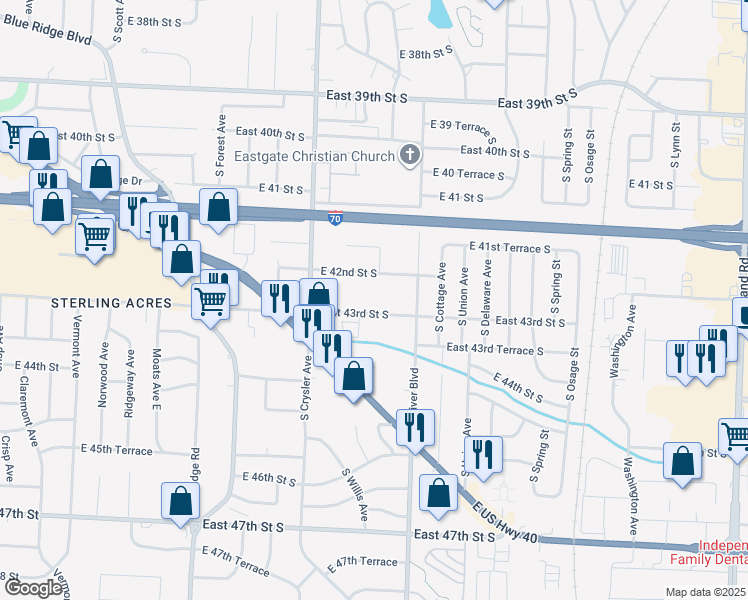 map of restaurants, bars, coffee shops, grocery stores, and more near 12406 East 43rd Street South in Independence