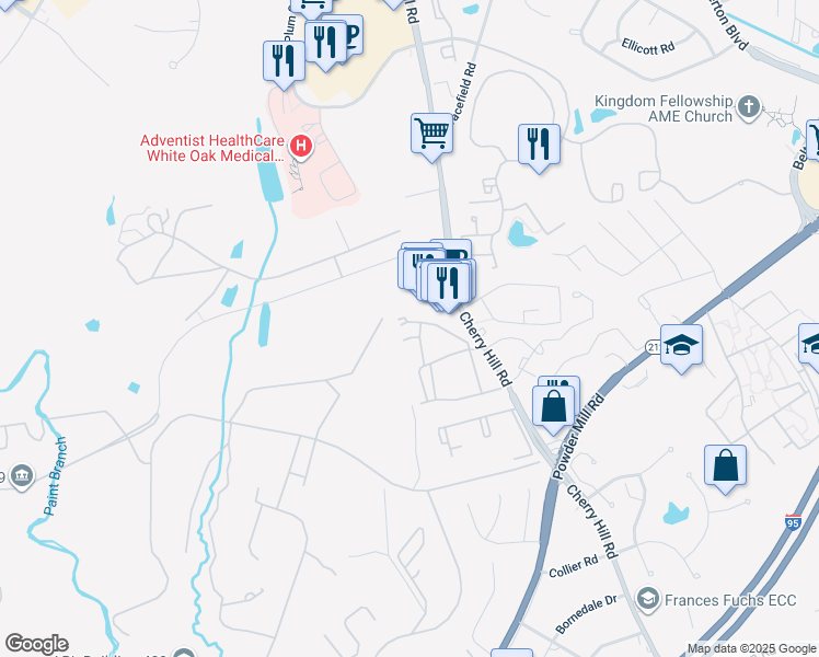 map of restaurants, bars, coffee shops, grocery stores, and more near 11406 Cherry Hill Road in Beltsville
