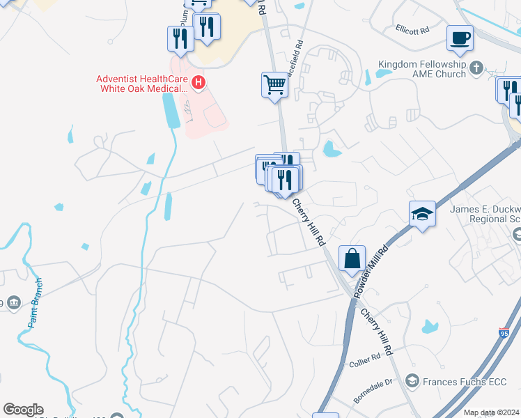 map of restaurants, bars, coffee shops, grocery stores, and more near 11400 Cherry Hill Road in Beltsville