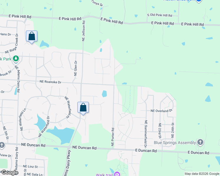 map of restaurants, bars, coffee shops, grocery stores, and more near 2255 Northeast Porter Road in Blue Springs