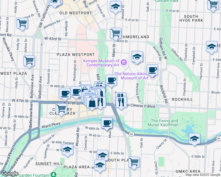 map of restaurants, bars, coffee shops, grocery stores, and more near 4550 Main Street in Kansas City