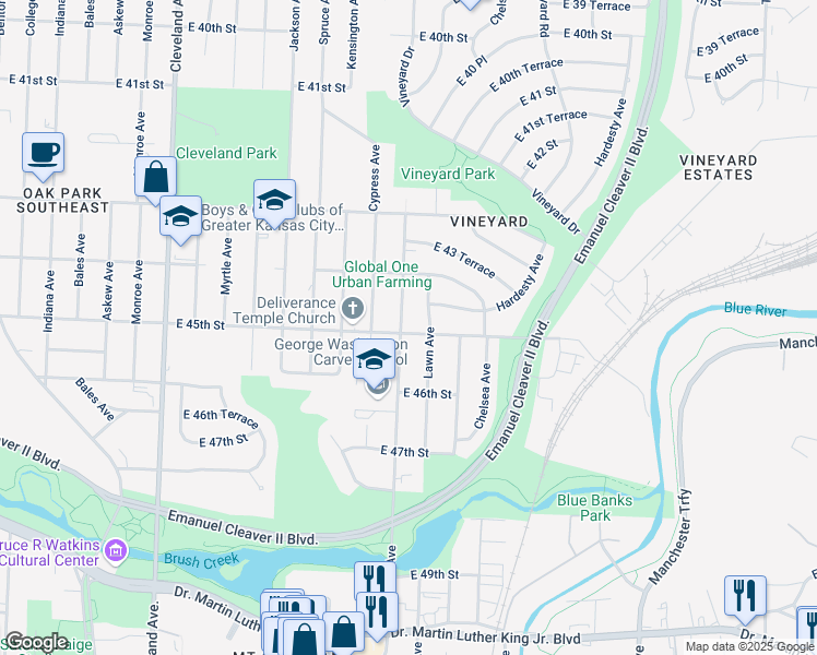 map of restaurants, bars, coffee shops, grocery stores, and more near 4447 Elmwood Avenue in Kansas City