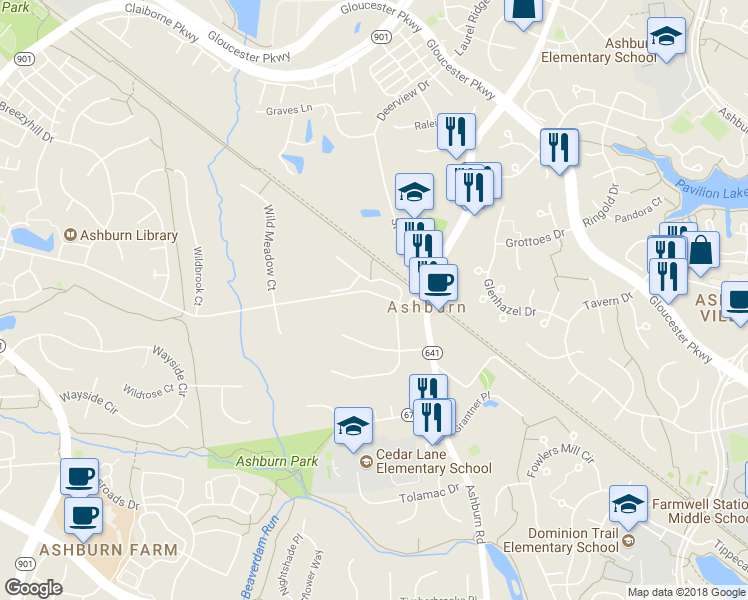 map of restaurants, bars, coffee shops, grocery stores, and more near 43679 Hay Road in Ashburn