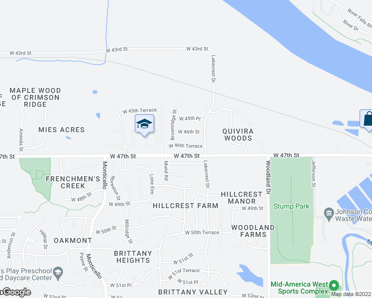 map of restaurants, bars, coffee shops, grocery stores, and more near 21223 West 46th Terrace in Shawnee