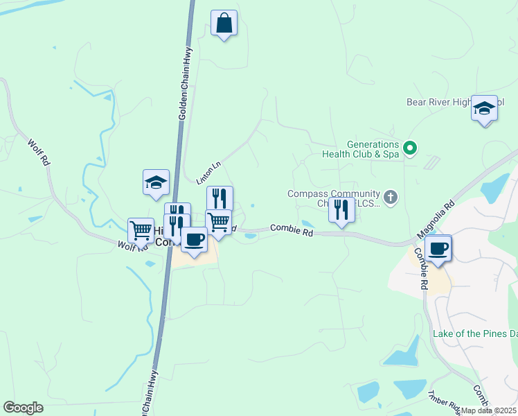 map of restaurants, bars, coffee shops, grocery stores, and more near 10260 Combie Road in Auburn
