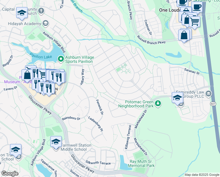 map of restaurants, bars, coffee shops, grocery stores, and more near 44405 Blueridge Meadows Drive in Ashburn