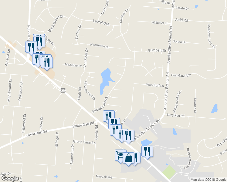 map of restaurants, bars, coffee shops, grocery stores, and more near 3662 Bristol Lake Drive in Amelia