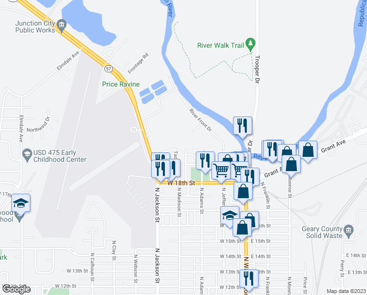 map of restaurants, bars, coffee shops, grocery stores, and more near 2014 North Madison Street in Junction City