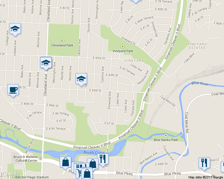 map of restaurants, bars, coffee shops, grocery stores, and more near 4506 Elmwood Avenue in Kansas City