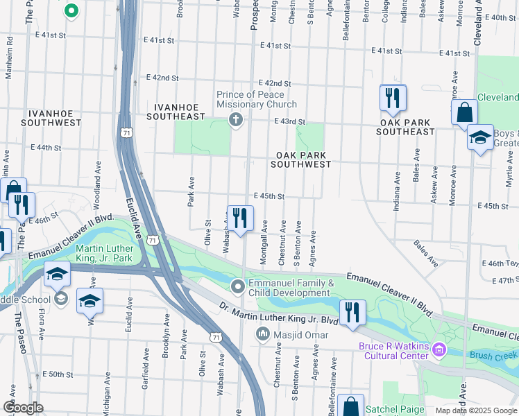 map of restaurants, bars, coffee shops, grocery stores, and more near 4533 Prospect Avenue in Kansas City