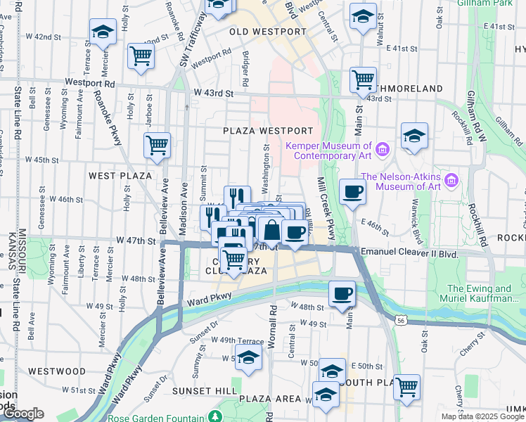 map of restaurants, bars, coffee shops, grocery stores, and more near 46TH Northwest Crest Drive in Kansas City