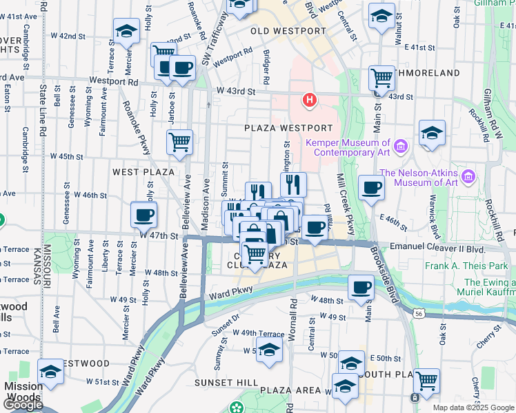 map of restaurants, bars, coffee shops, grocery stores, and more near 4616 Jefferson Street in Kansas City