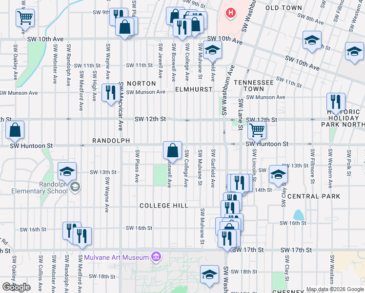 map of restaurants, bars, coffee shops, grocery stores, and more near 1260 Southwest College Avenue in Topeka