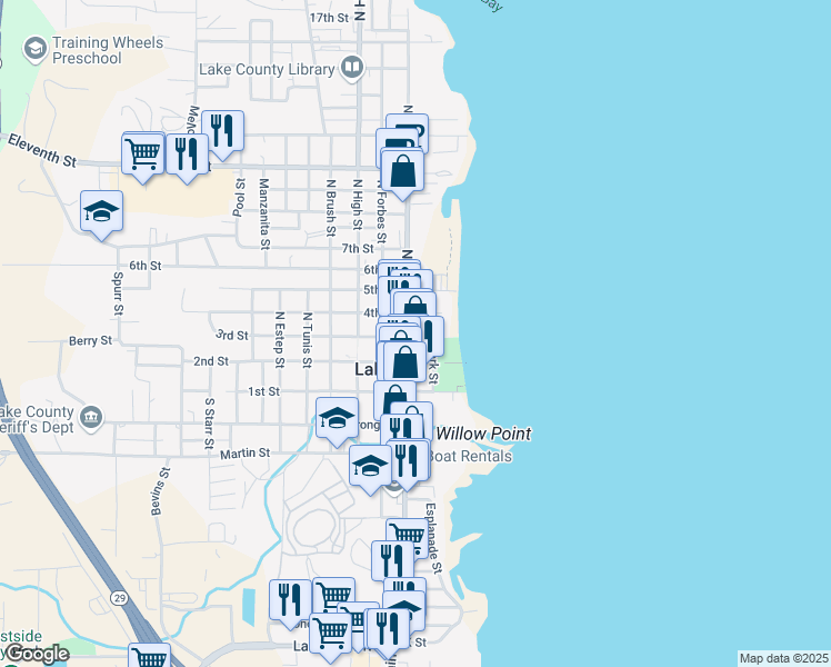 map of restaurants, bars, coffee shops, grocery stores, and more near 225 Park Street in Lakeport